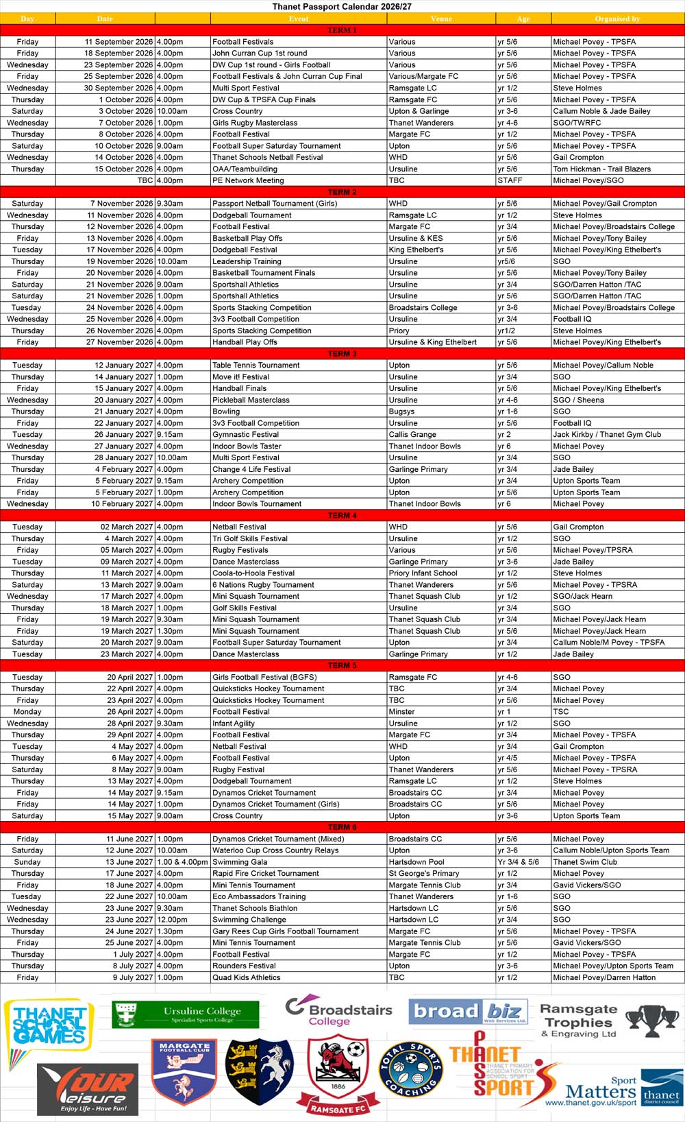 Thanet Passport Calendar 2024-25 - Overview